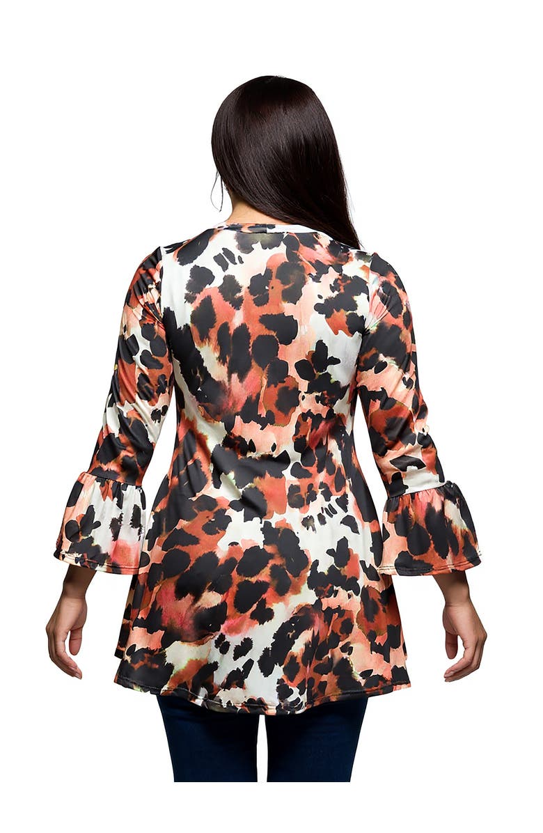 24seven Comfort Apparel Plus Size  Scoop Neck Bell Sleeve Tunic Top Animal Print, Alternate, color, Gray Multi