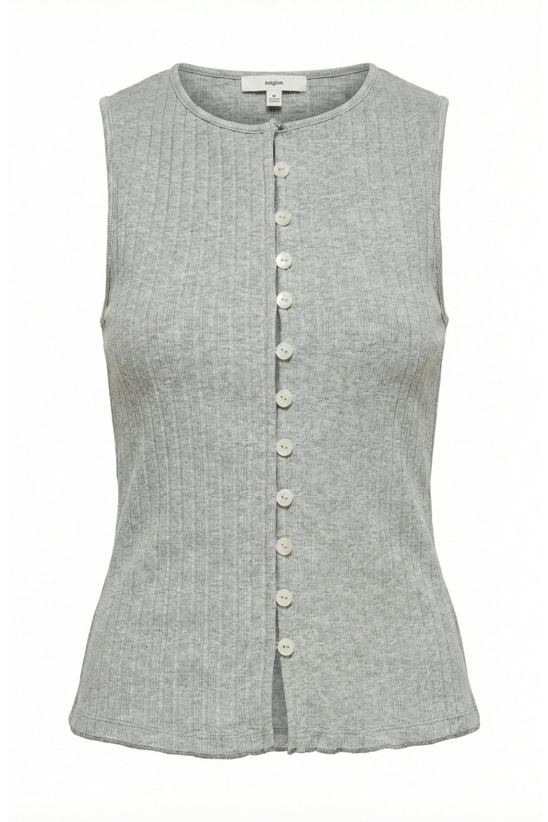 Sleeveless Ribbed Knit Top with Off-Center Button Front Detail, Alternate, color, Gray