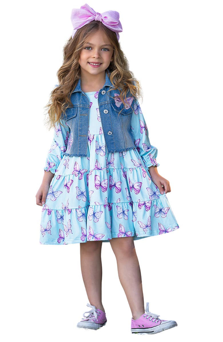 Mia Belle Girls Girls Give Me Butterflies Denim Vest And Dress Set, Main, color, 