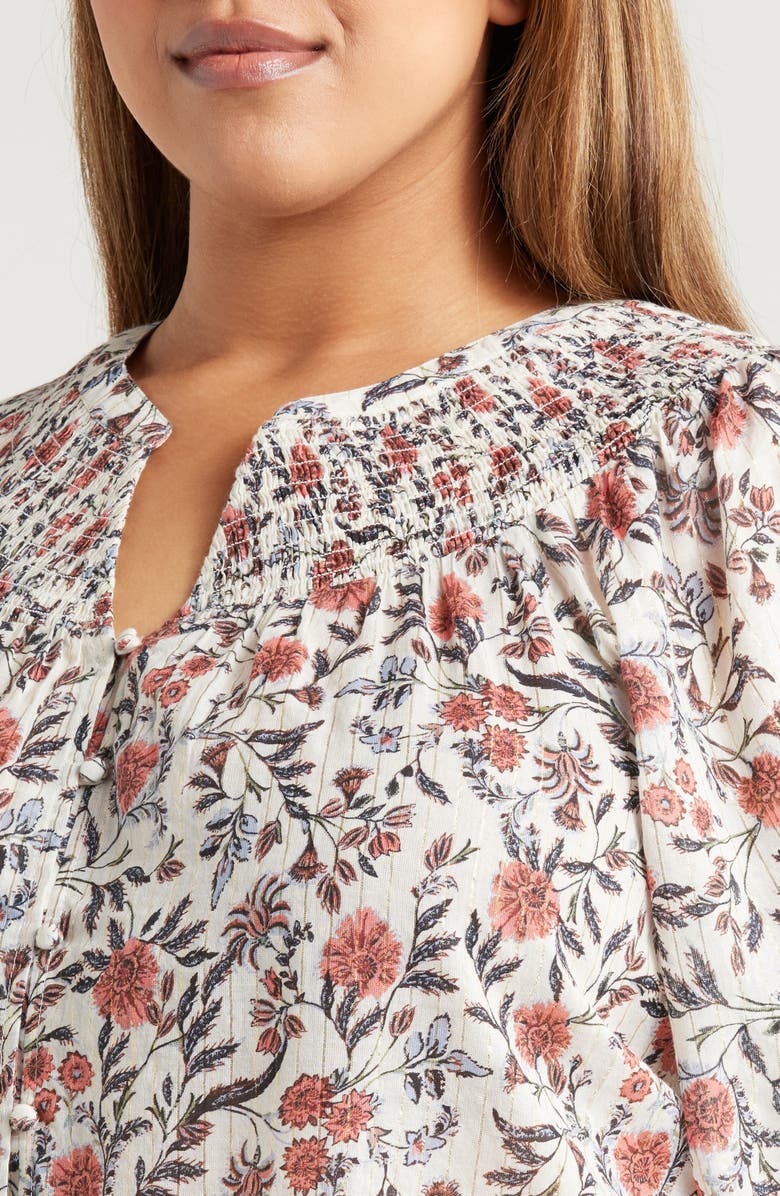 Treasure & Bond Print Smocked Yoke Button-Up Shirt, Alternate, color, Ivory- Pink Fleurette