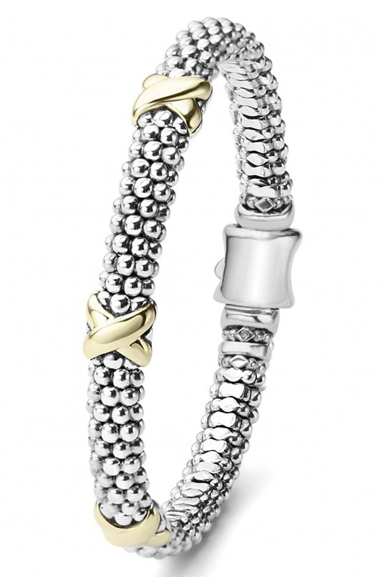 Three Station X Two-Tone Caviar Bracelet, Alternate, color, SILVER/ GOLD