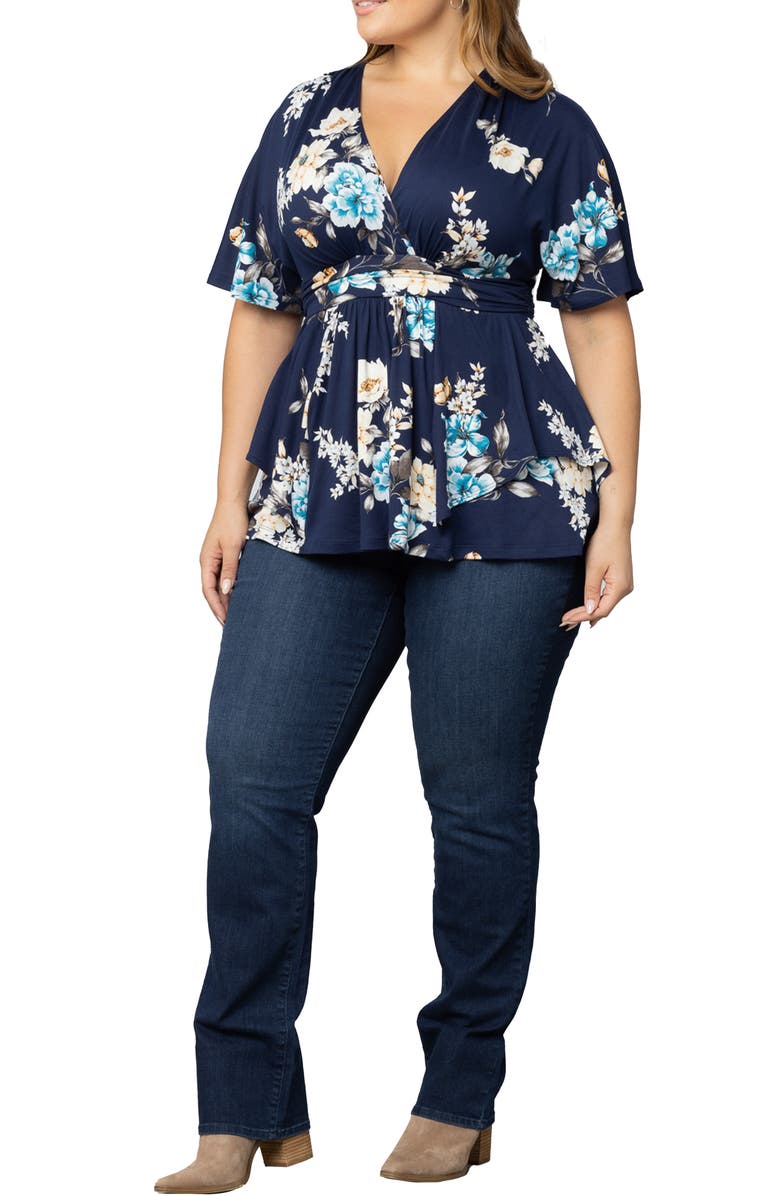 Kiyonna Encore Print Faux Wrap Top, Alternate, color, Navy Floral Print