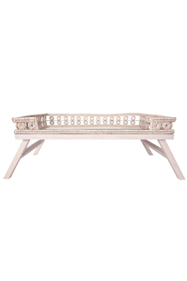 Artifacts Rattan Inna Design Breakfast Tray with Wooden Legs & Glass Insert, Alternate, color, White Wash