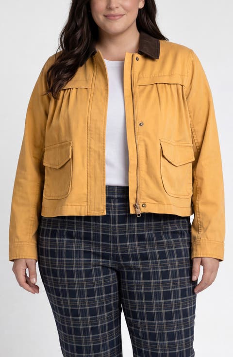 Cotton Blend Swing Jacket with Faux Leather Collar (Plus)