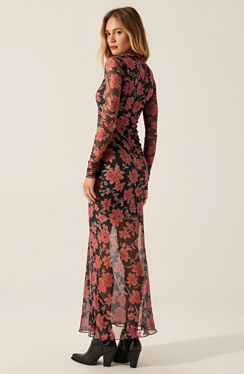 Modenaire Ornate Floral Mesh Maxi Dress With Mock Neck In Multi