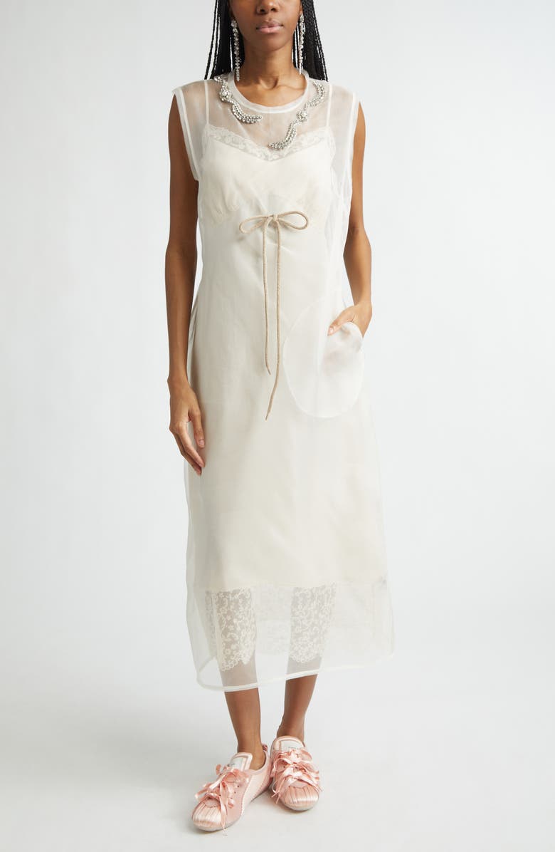 Simone Rocha Crystal Embellished Frayed Silk Organza Column Dress, Main, color, Ivory/ Taupe/ Pearl/ Clear