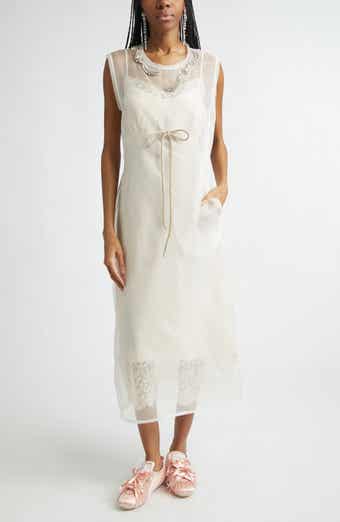 Crystal Embellished Frayed Silk Organza Column Dress