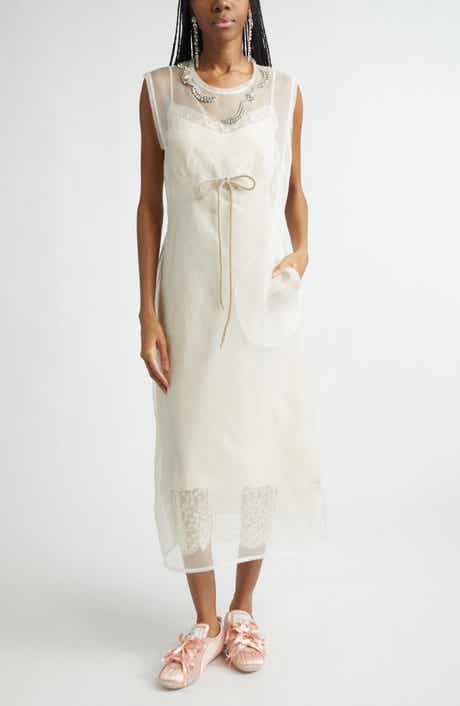 Crystal Embellished Frayed Silk Organza Column Dress