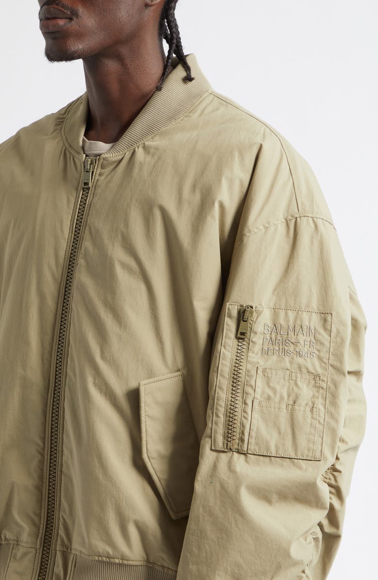 Balmain Embroidered Pocket Cotton Bomber Jacket, Alternate, color,