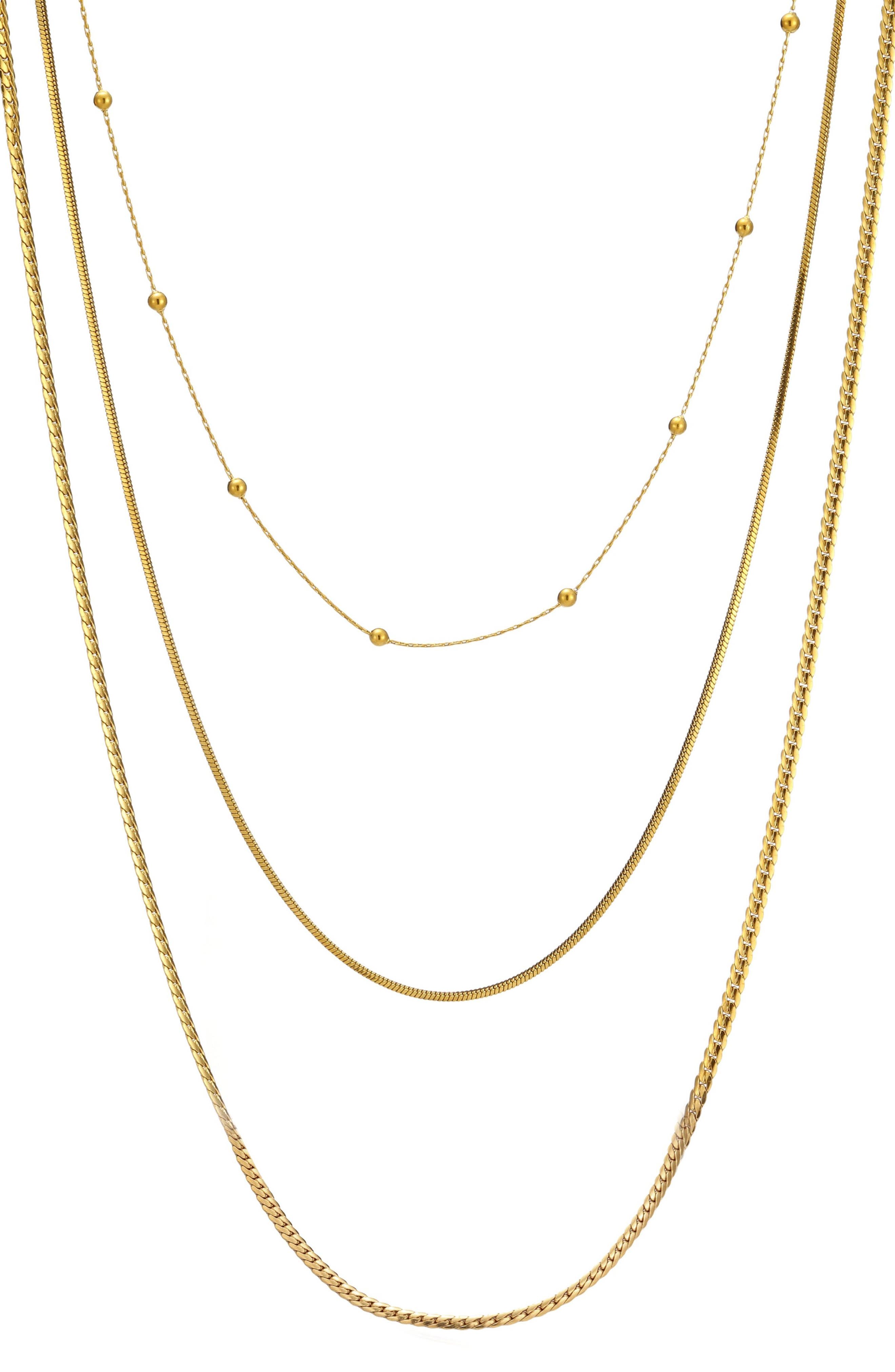 Tarnish Resistant 18K Gold Plate 3-Layer Connected Chain Necklace