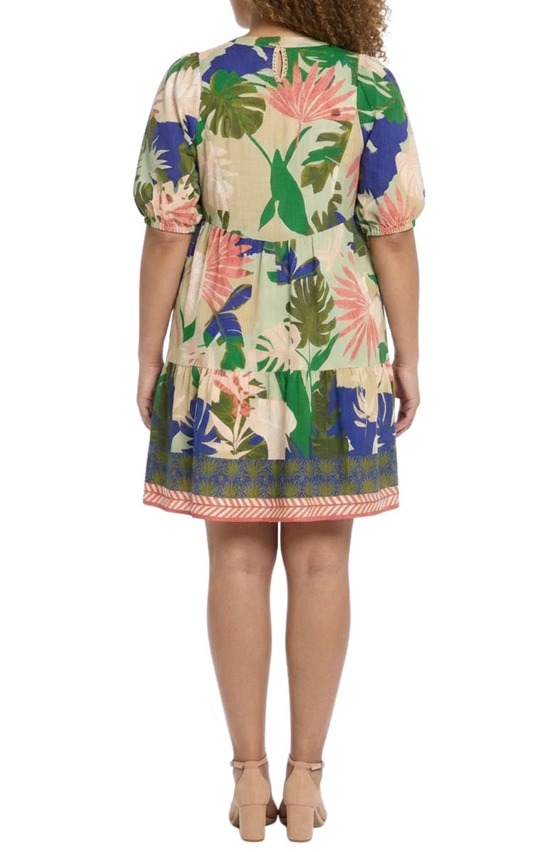 London Times Puff Sleeve Palm Printed Dress, Alternate, color, Sage/ Coral