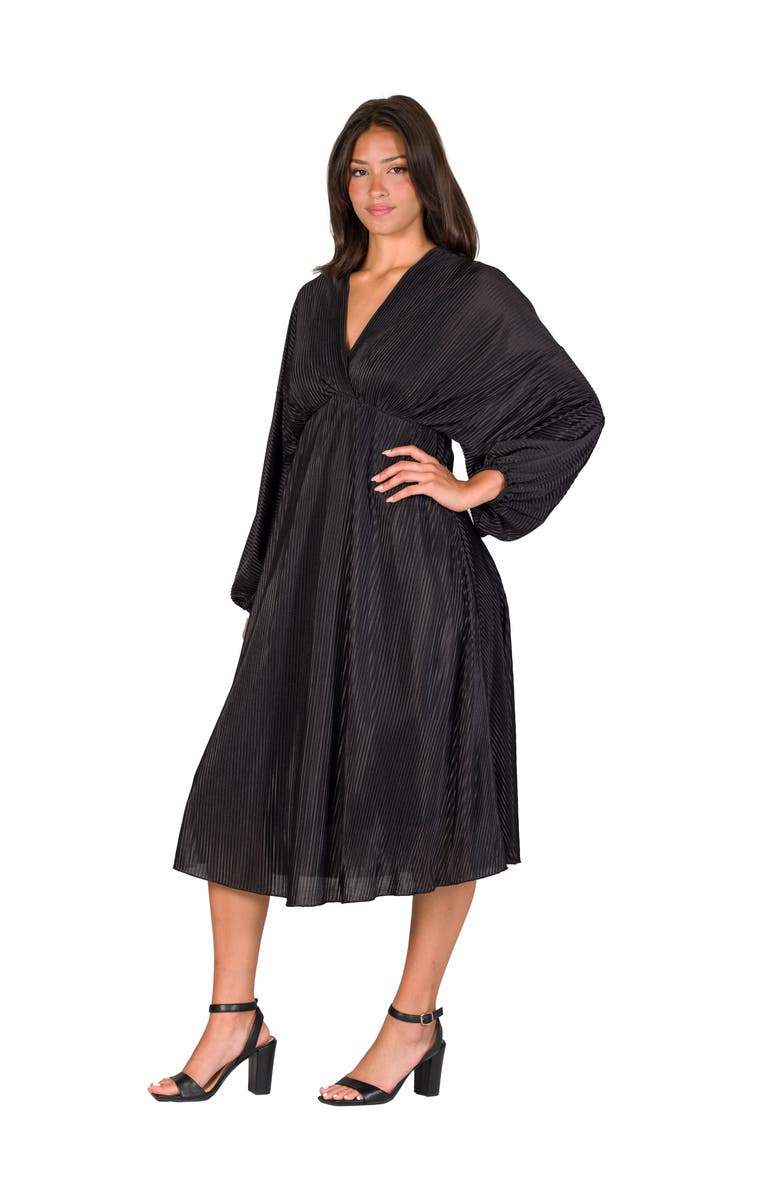 24seven Comfort Apparel Shimmer Pleated V-neck Empire Waist Bishop Sleeve Midi Dress, Alternate, color, Black