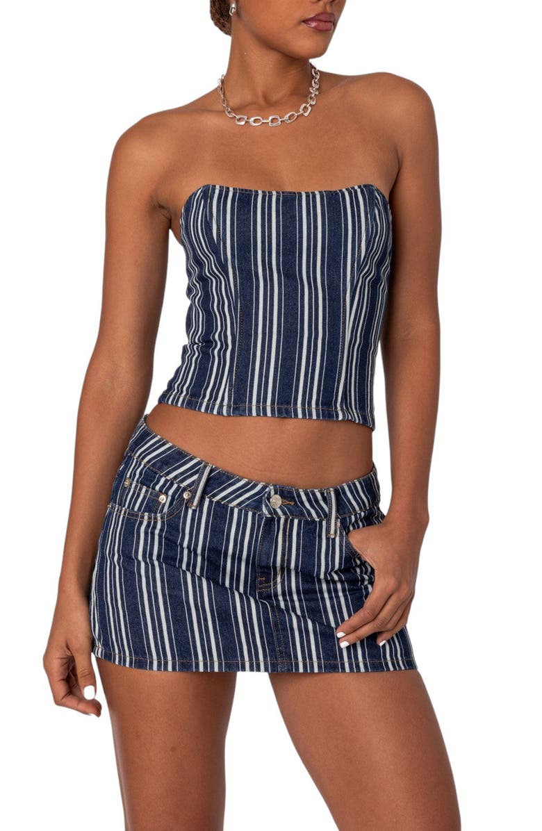 EDIKTED Inex Stripe Denim Crop Corset Top, Main, color, 