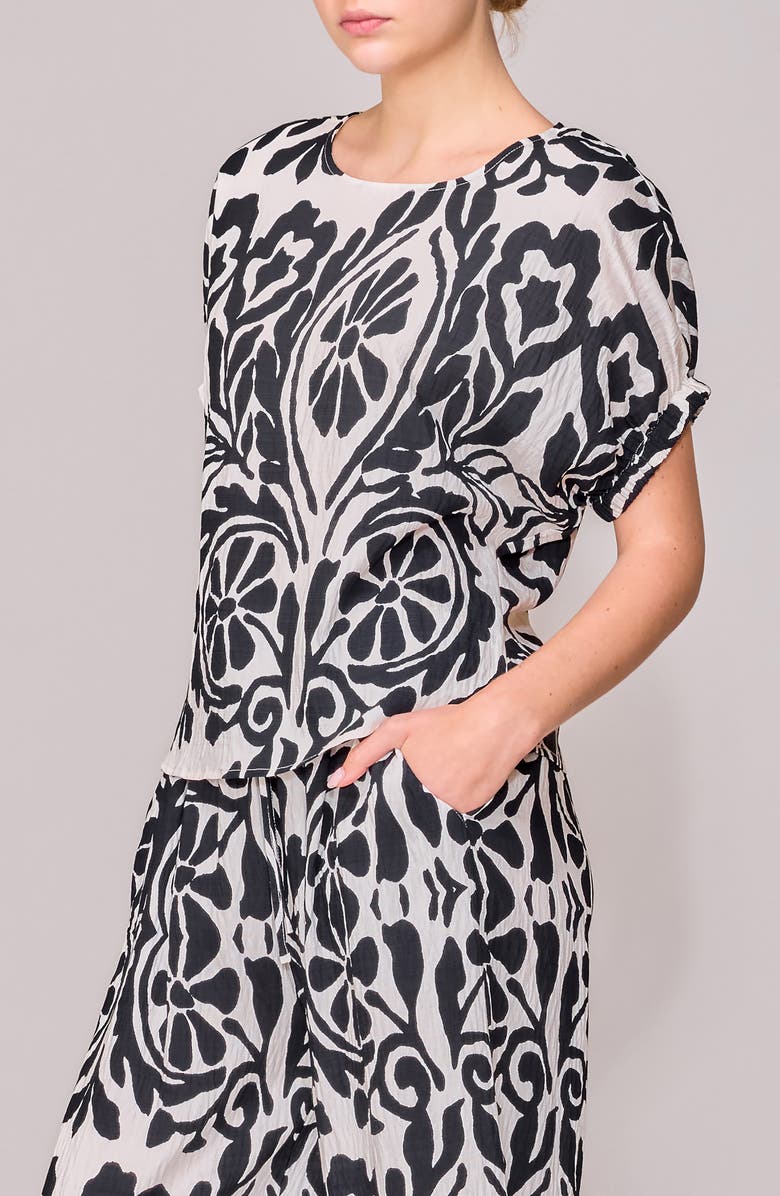 MELLODAY Floral Print Short Sleeve Woven Shirt, Alternate, color, Black White