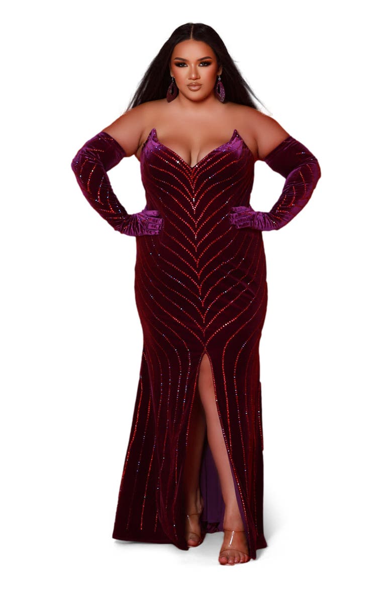 Velvet Cat-Eye Bodice Plus Size Evening Gown, Main, color, Plum