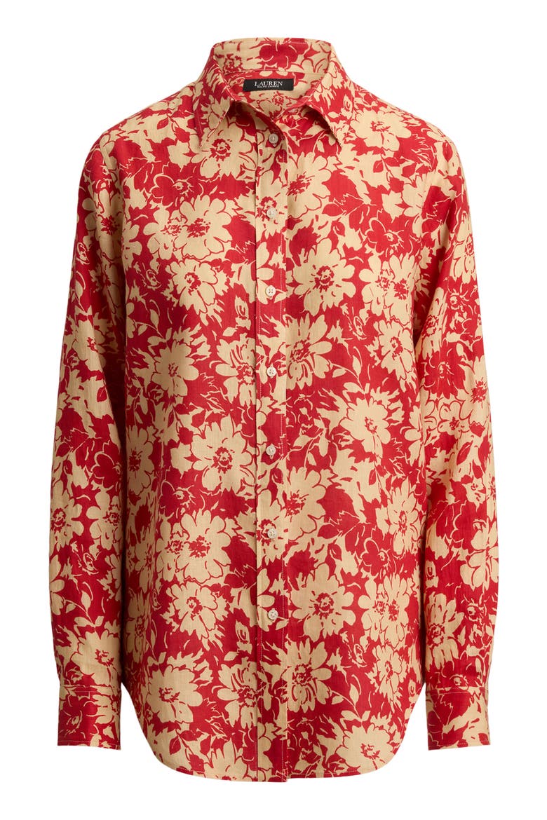 Floral Linen Button-Up Shirt, Alternate, color, RED/ BEIGE
