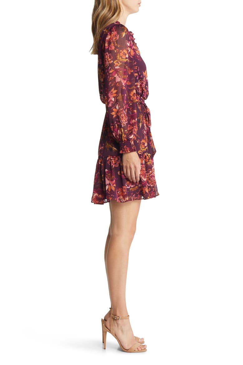 Floral Long Sleeve Chiffon Fit and Flare Dress, Alternate, color, WINE