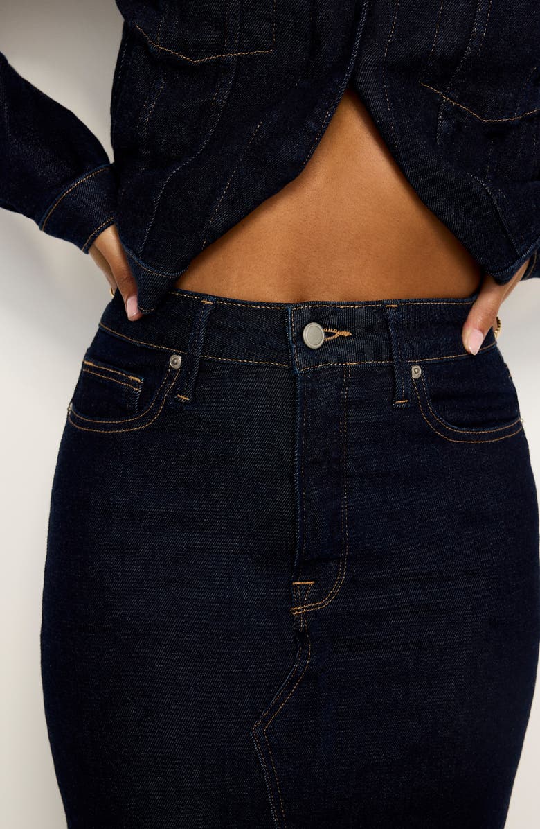 Good American Front Slit Denim Midi Skirt, Alternate, color, Indigo716