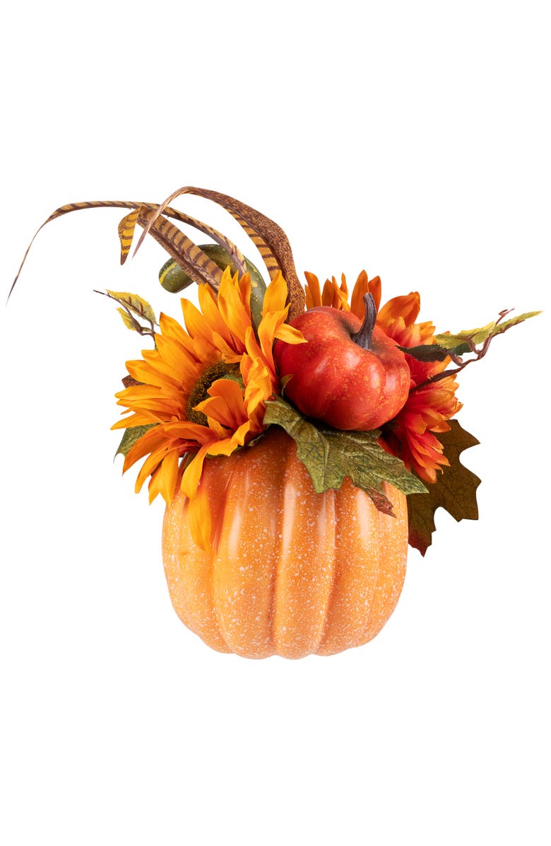 Northlight Sunflower and Gourds in Pumpkin Fall Harvest Pumpkin Flower Arrangement - 14.75", Alternate, color,