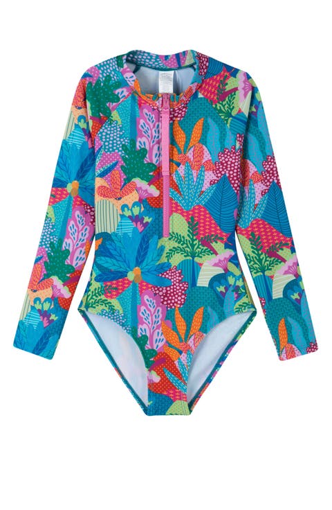 Ocean Blooms Long Sleeve Zip Front One Piece
