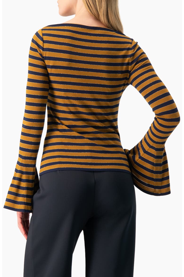 Boat-Neck Bell-Sleeve Striped Blouse, Alternate, color, Camel
