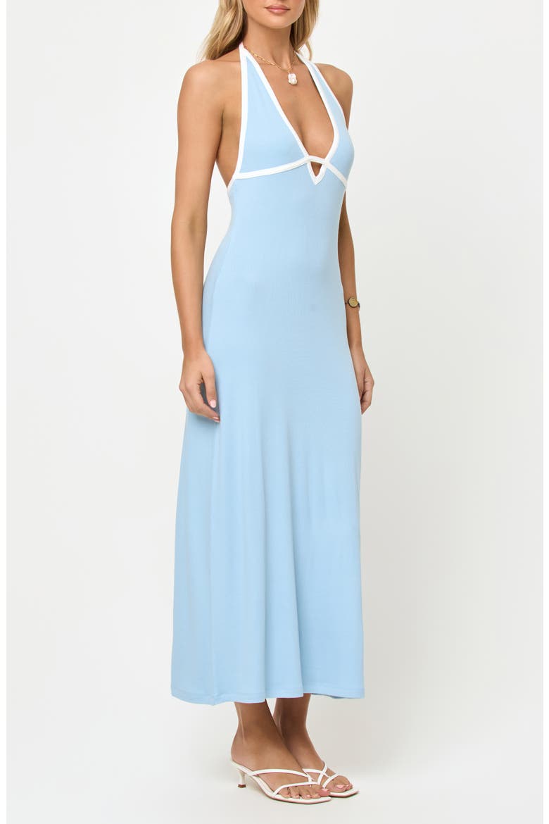 Shea Contrast Binding Halter Rib Maxi Cover-Up Dress, Alternate, color, SKY BLUE / CREAM
