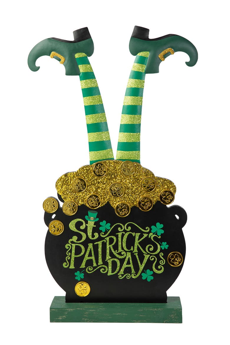 Wooden St. Patrick's Leprechaun Pot of Gold Porch Decor, Main, color, Green