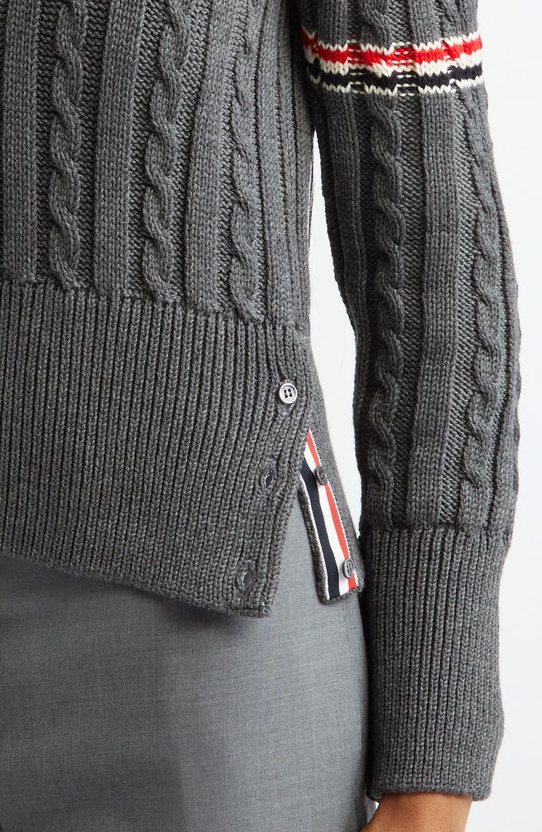Thom Browne Cable Knit Virgin Wool V-Neck Sweater, Alternate, color, Medium Grey