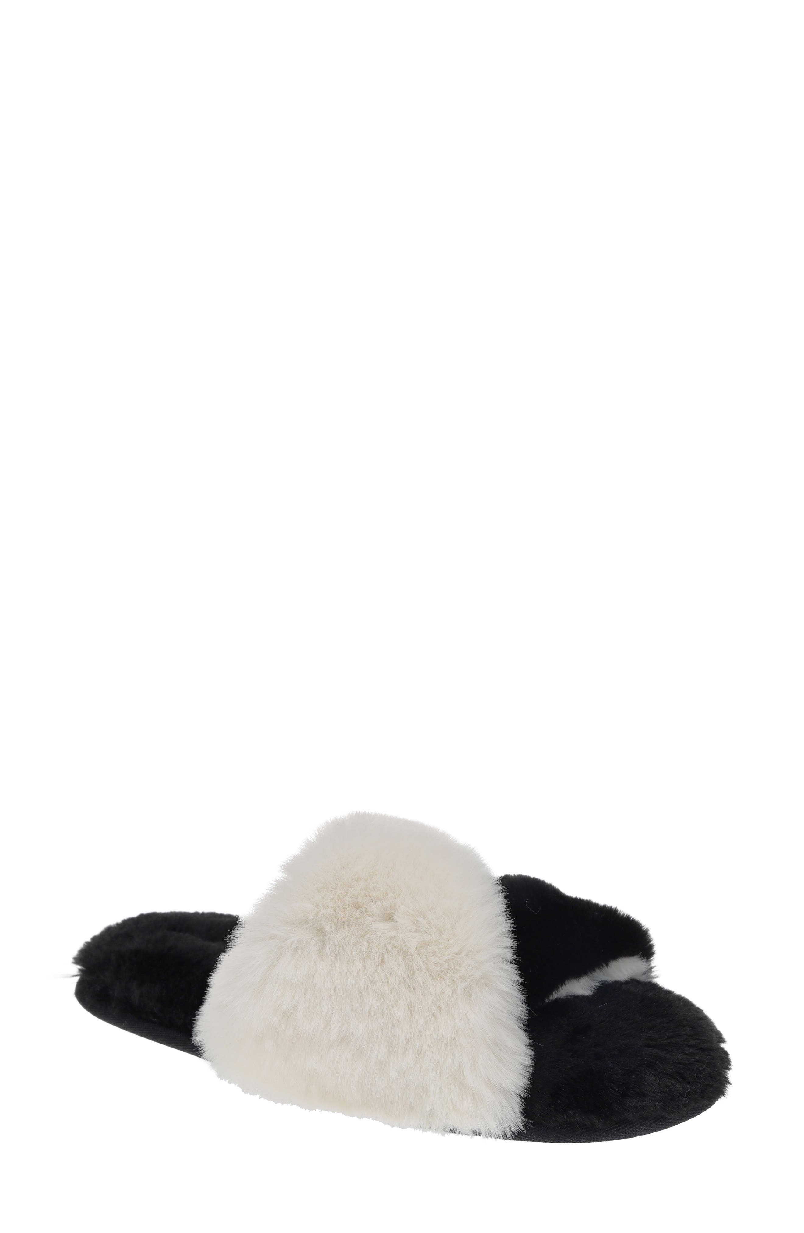 Rachel Roy Plush Twist Faux Fur Slide Slipper, Main, color, Black