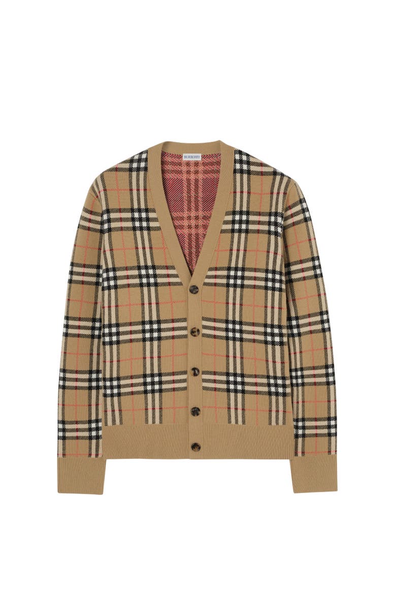 Burberry Check Cotton Wool Cardigan, Alternate, color, Sand Beige