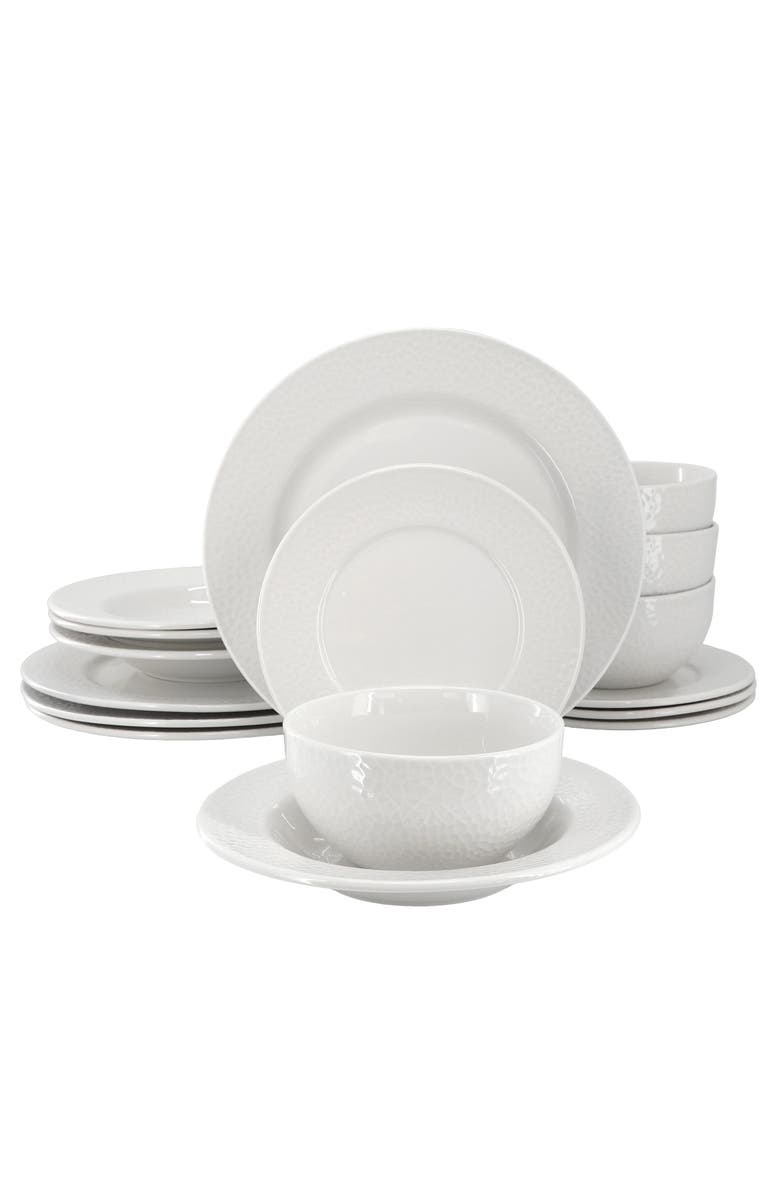 Elama Soyer 16 Piece Textu Design Double Bowl Porcelain Dinnerware Set, Main, color, White