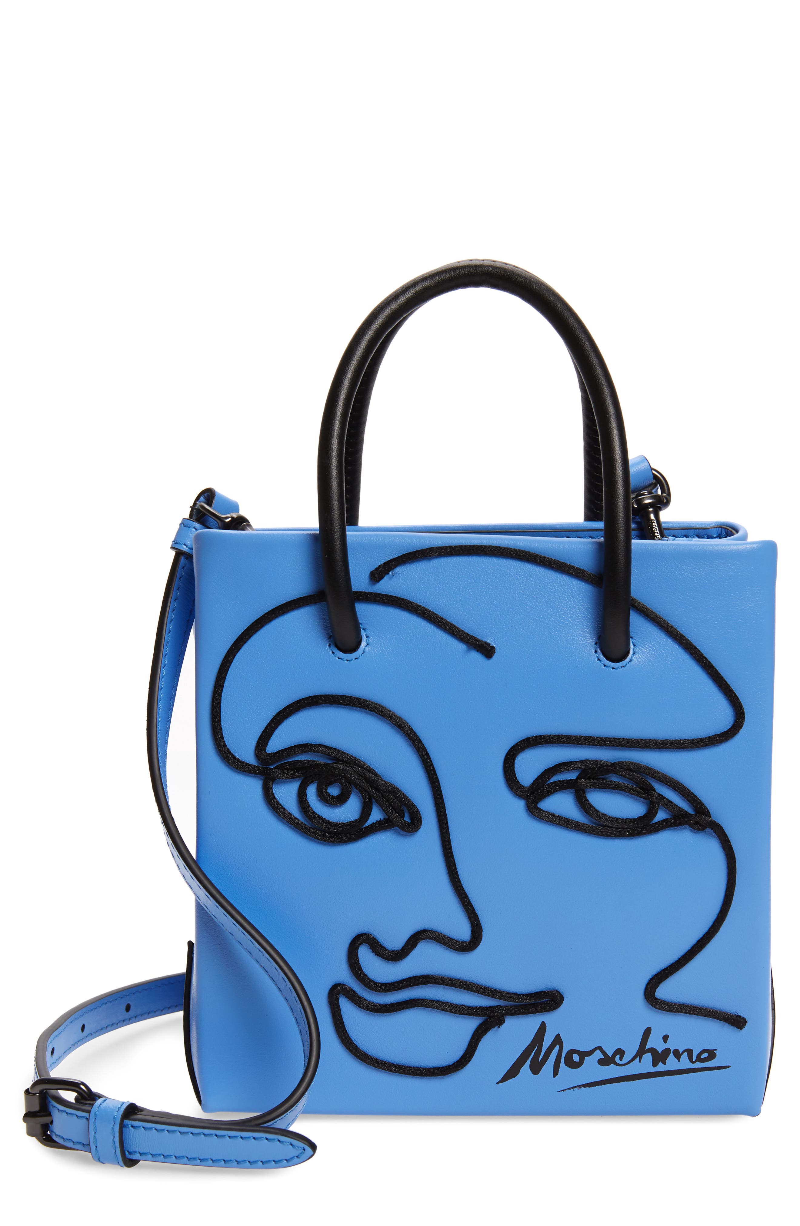 Moschino Mini Face Leather Shopper, Main, color, 