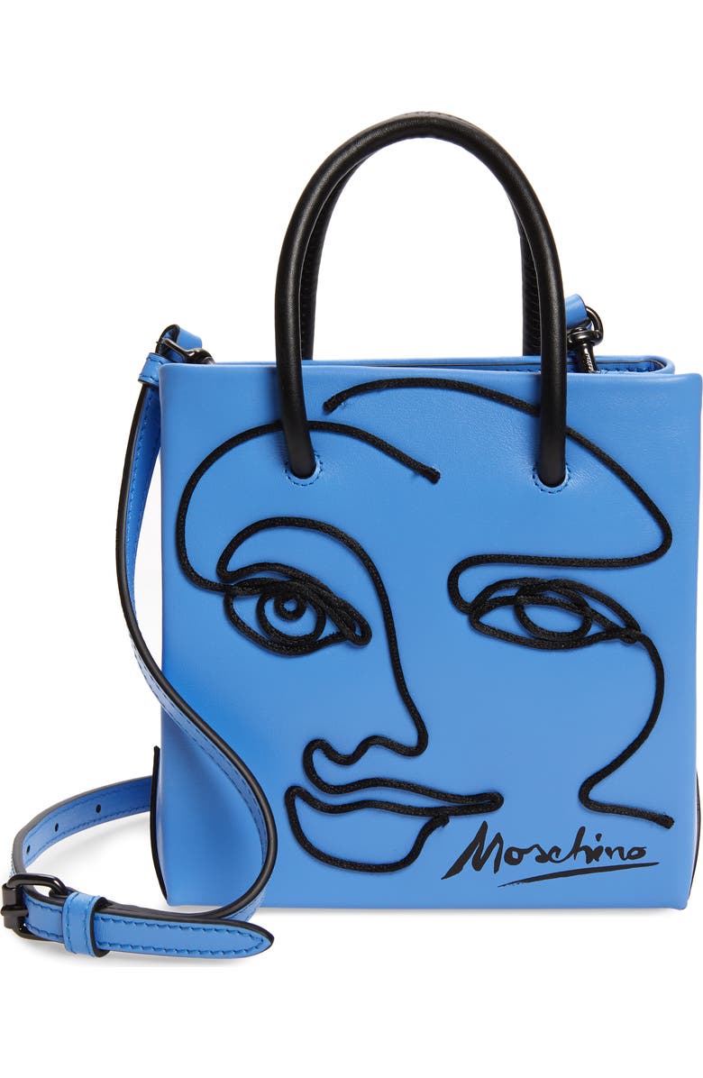 Moschino Mini Face Leather Shopper, Main, color,