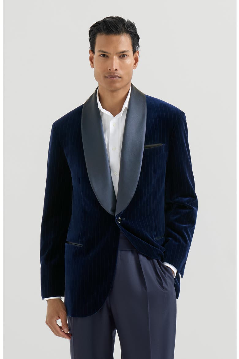 Cotton chalk stripe velvet tuxedo jacket with shawl lapels, Main, color, Navy Blue