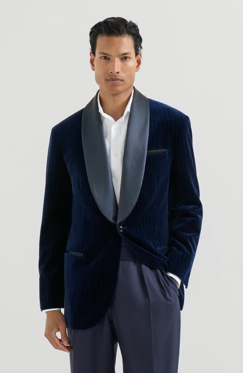 Cotton chalk stripe velvet tuxedo jacket with shawl lapels