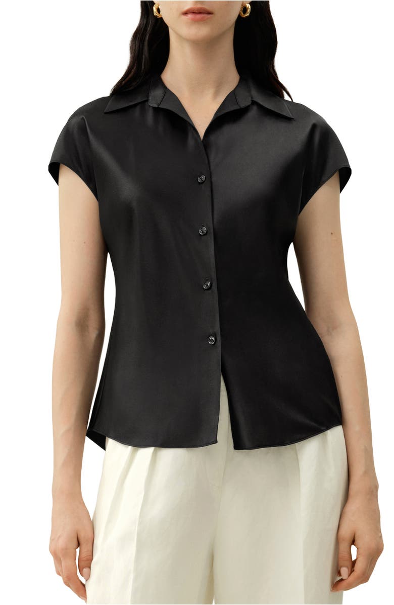 Lilysilk Bias Cut Cap-Sleeve Silk Shirt, Main, color, Black