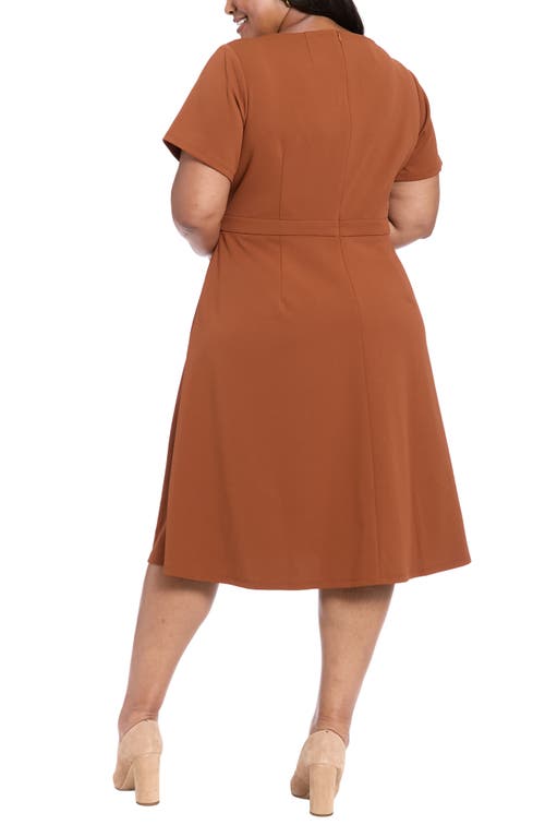 London Times Plus Size Fit And Flare Short Sleeve Dress In Brown