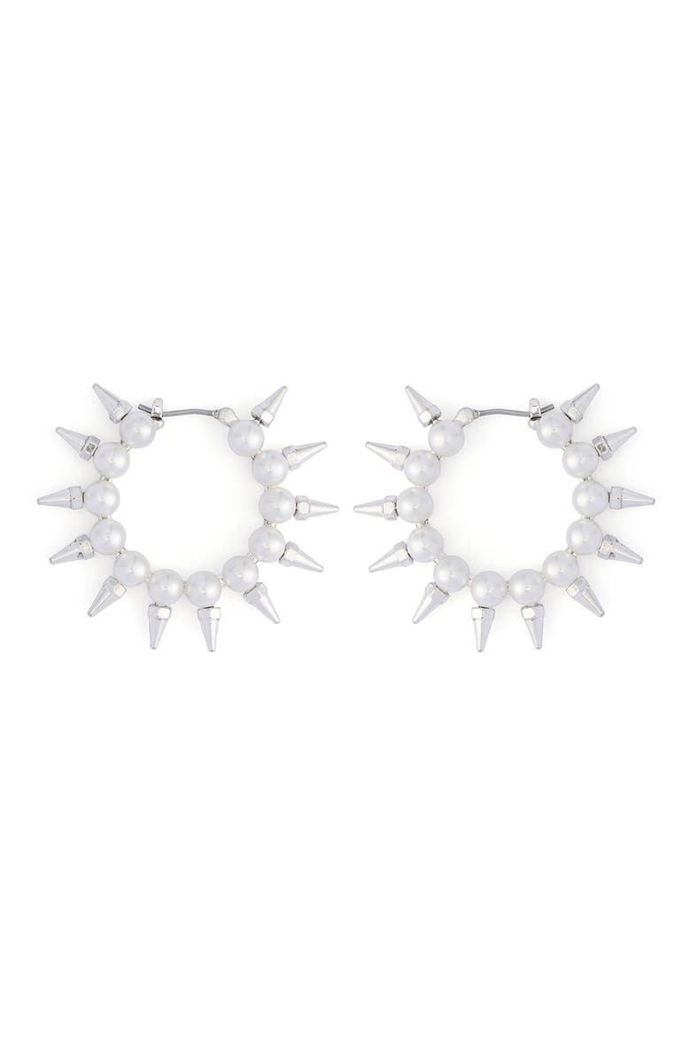 Spike Imitation Pearl Hoop Earrings, Alternate, color, SHINY SILVER