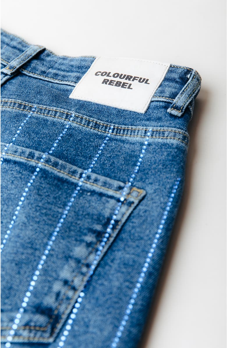 Colourful Rebel Gaias Rhinestones High Rise Wide Leg Denim Pants, Alternate, color, Dark Blue Denim