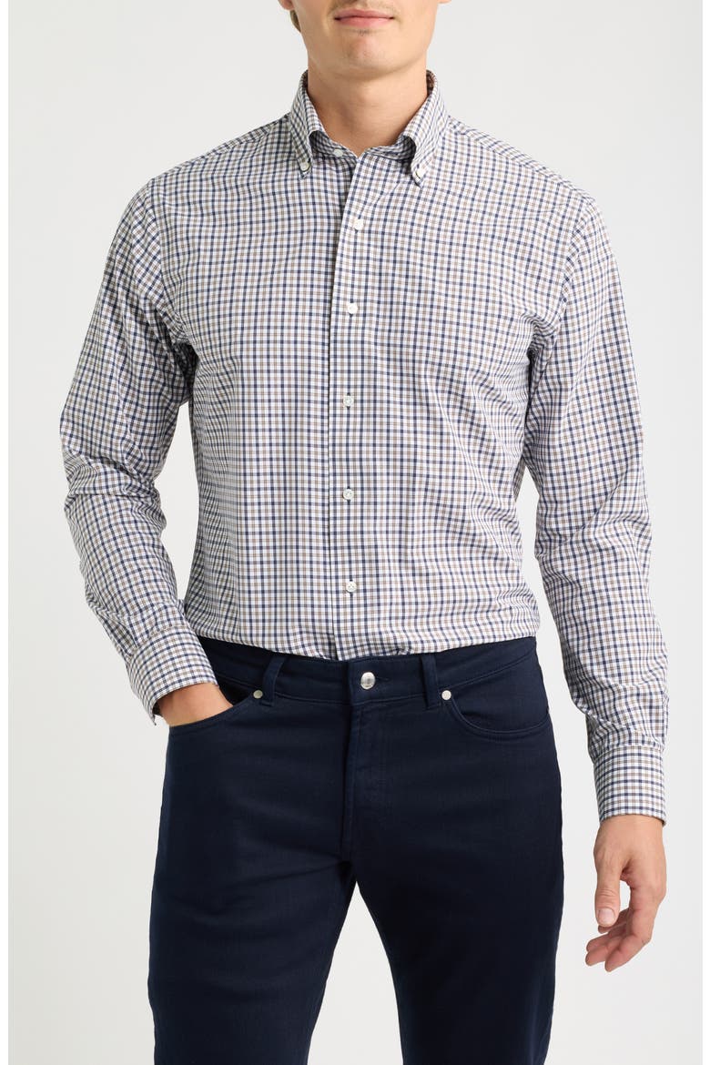 Clarence Tailored Fit Check Performance Poplin Button-Down Shirt, Main, color, NAVY