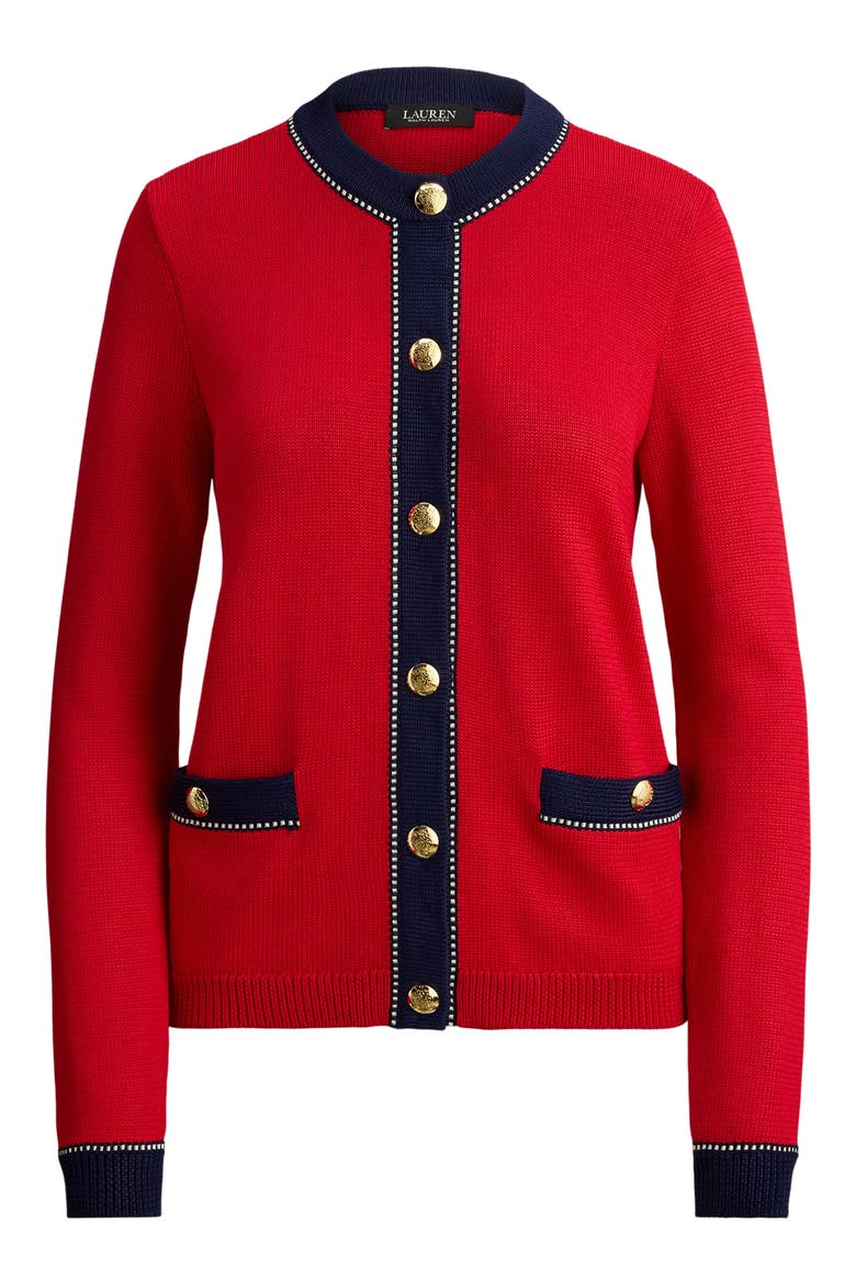Two-Tone Trim Cardigan, Alternate, color, CRUISE RED/ MULTI