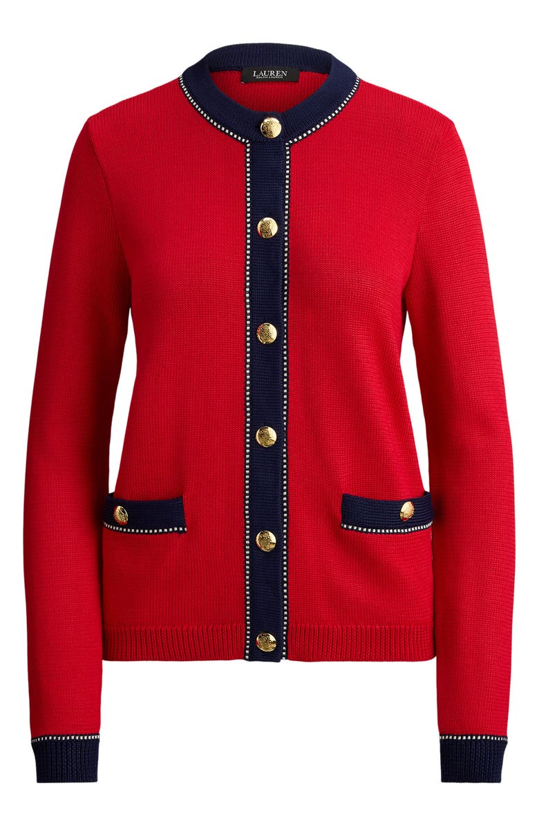 Lauren Ralph Lauren Two-Tone Trim Cardigan, Alternate, color, Cruise Red/ Multi