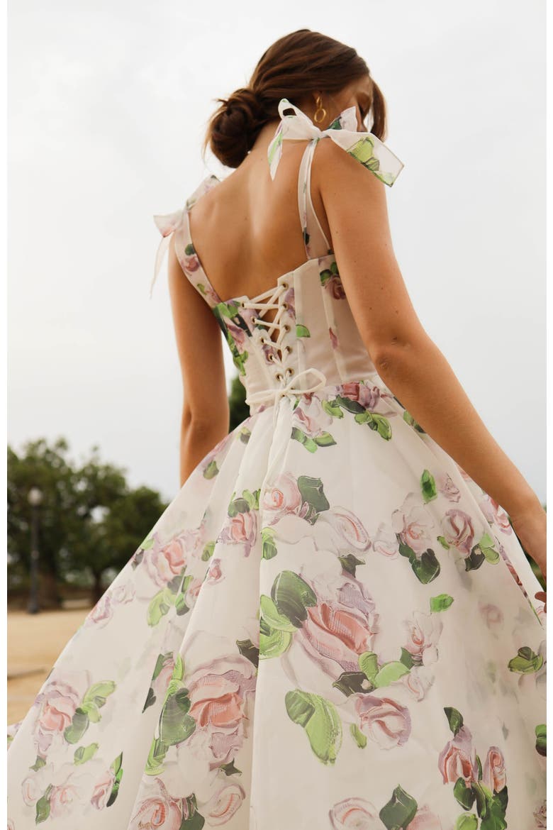 A-Line Satin Floral Midi Dress with Tie Straps for Cocktail Events, Alternate, color, Apple Blossom