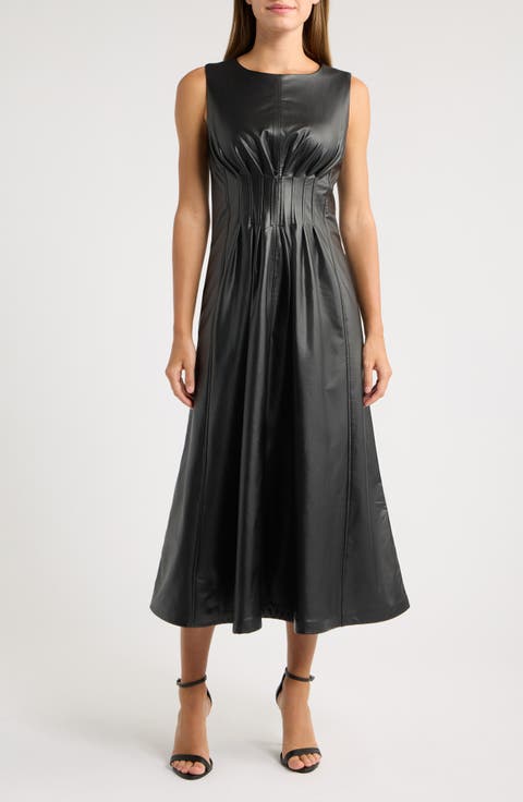 Pleated Waist Faux Leather A-Line Midi Dress