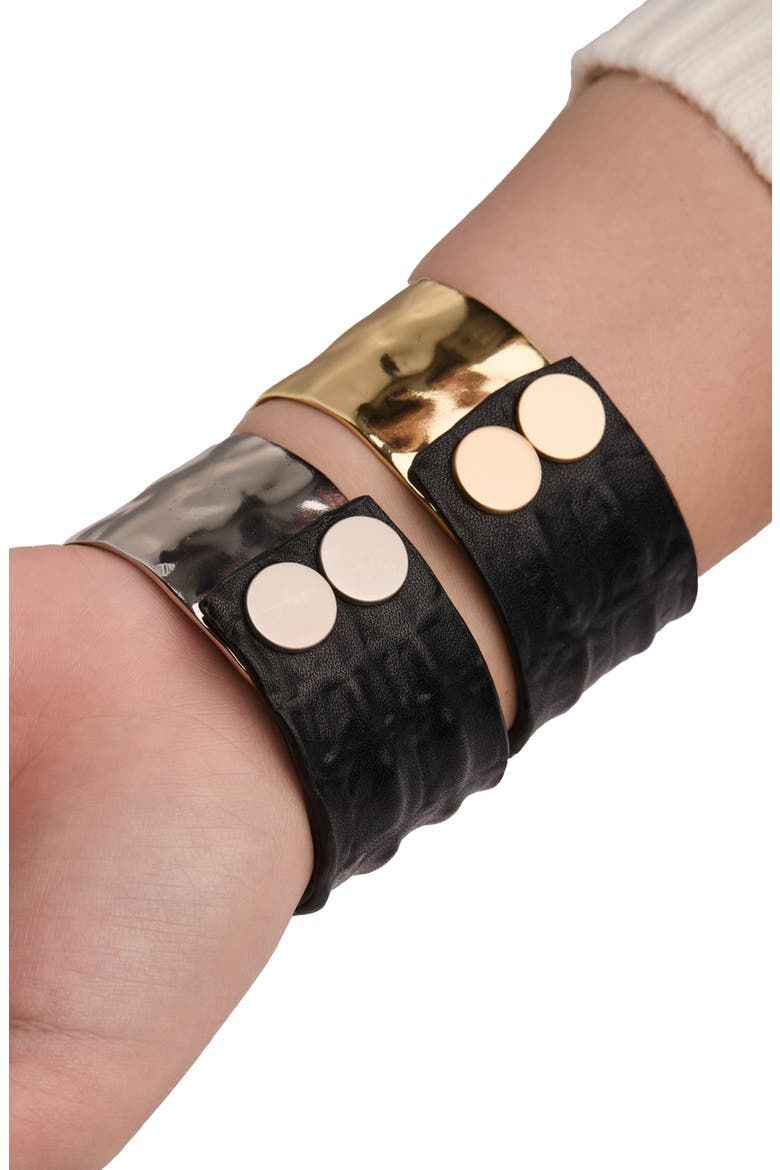 Hammered Metal & Leather Cuff Bracelet, Alternate, color, GOLD