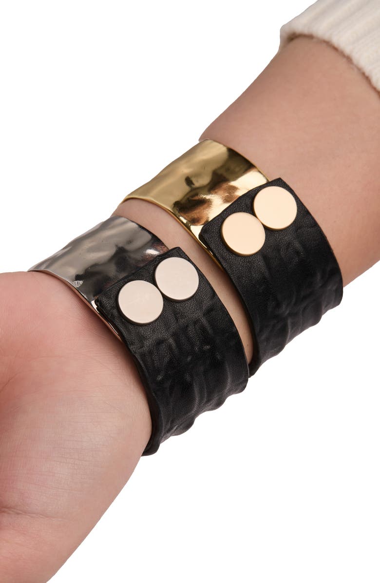 SAACHI Hammered Metal & Leather Cuff Bracelet, Alternate, color, Gold