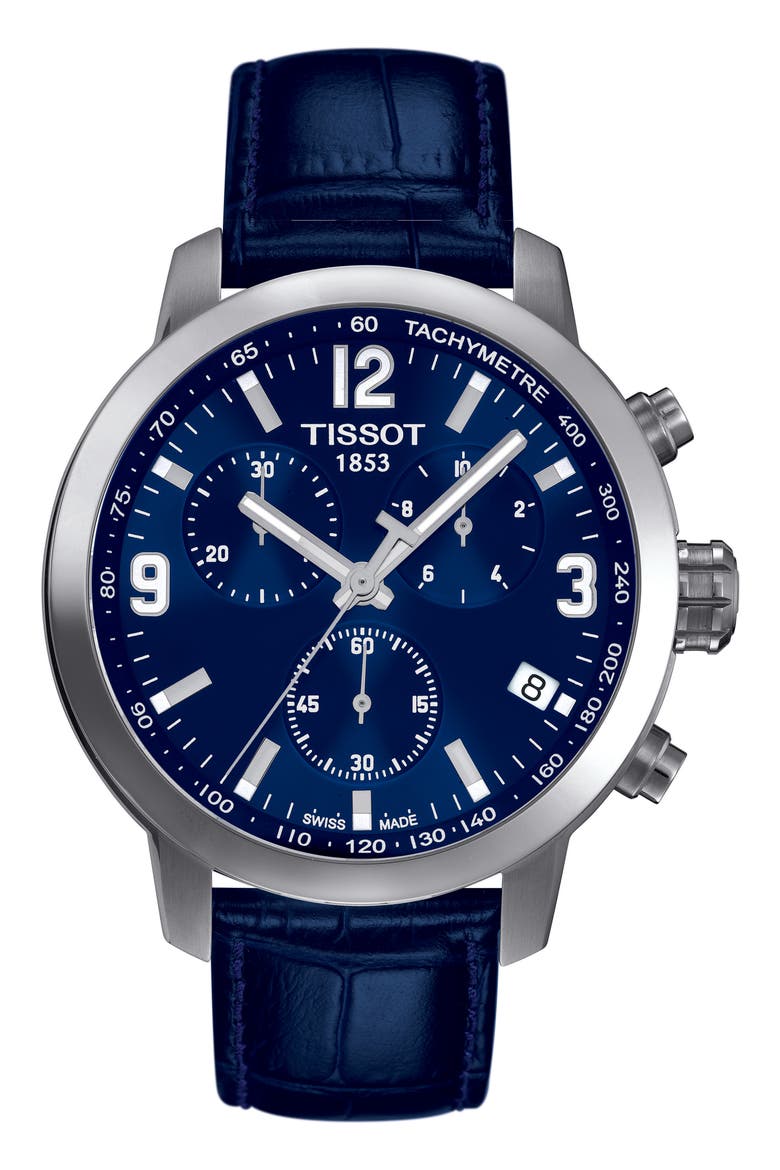PRC200 Chronograph Leather Strap Watch, 41mm, Main, color, BLUE/ SILVER