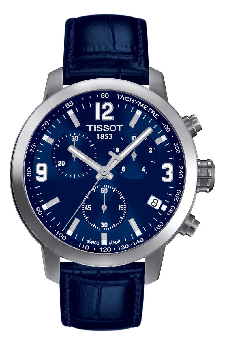 Tissot PRC200 Chronograph Leather Strap Watch, 41mm, Main, color, 