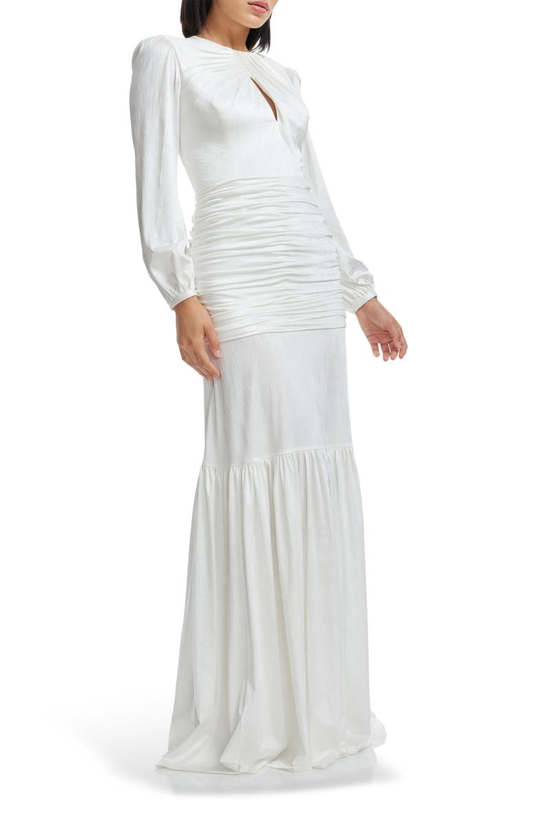 Dress the Population Lucille Pleated Ruched Long Sleeve Gown, Alternate, color, White