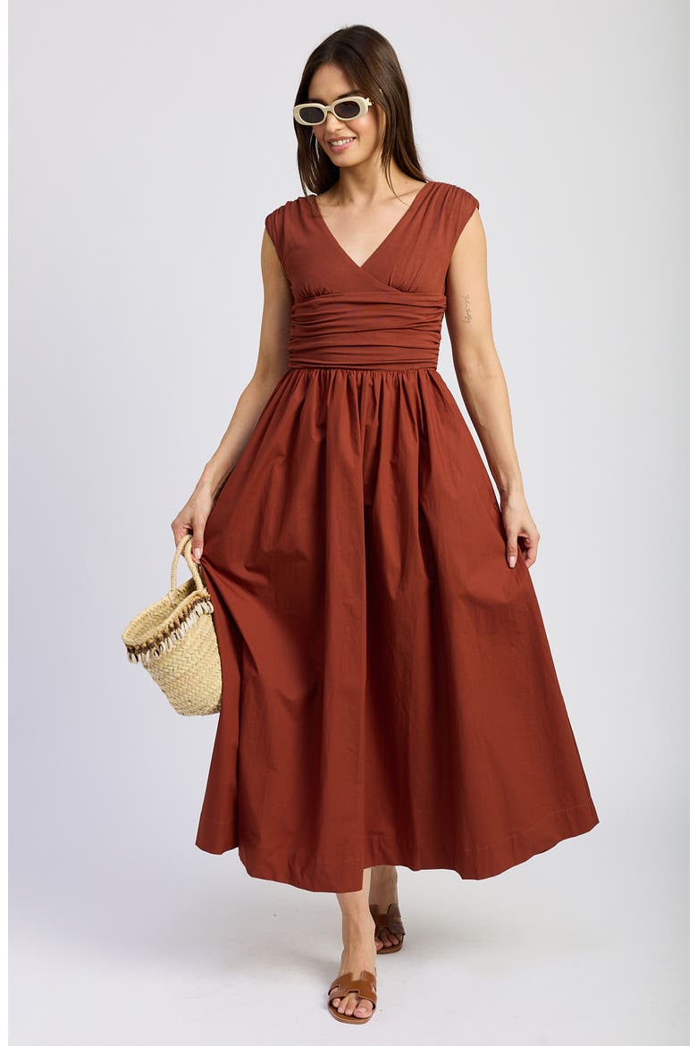 Emma Ruched Mixed Media Sundress, Alternate, color, BRICK